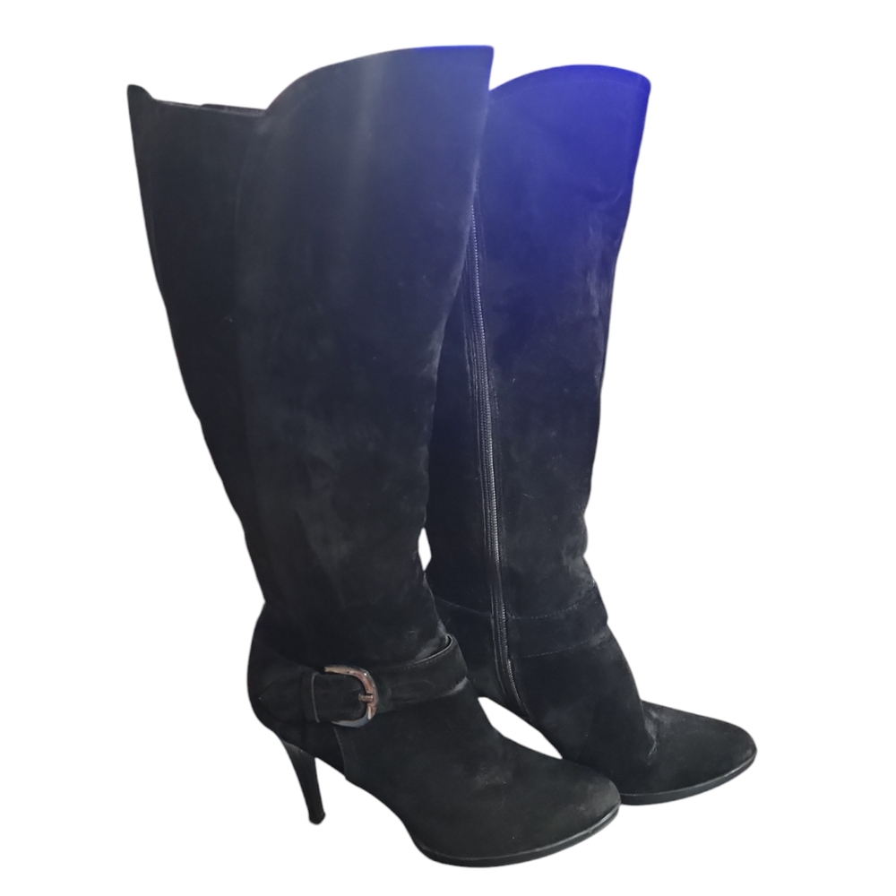 Calf boots with heels,zip sides, buckle decor 81/2 Medium velour